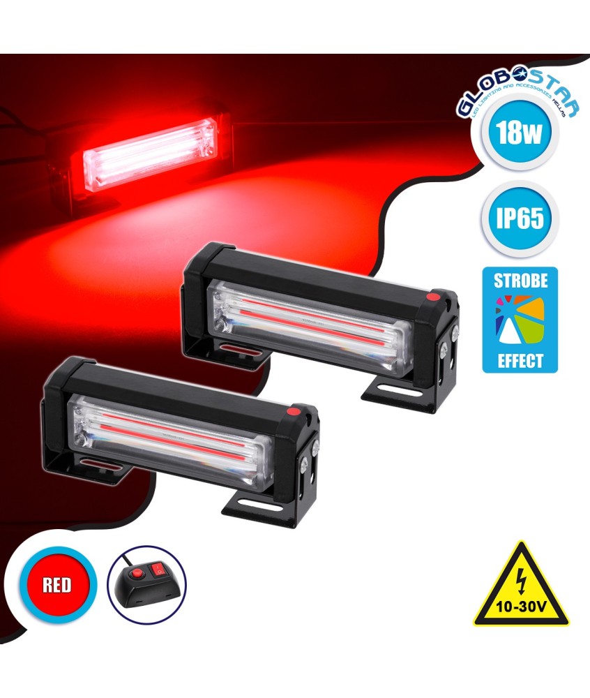 GloboStar® 85024 PRO Series ΣΕΤ 2 x Μπάρες Σήμανσης Οχήματος Πυροσβεστικής για Αυτοκίνητα & Φορτηγά 13 Προγραμμάτων Φωτισμού STROBE LED CREE CXB COB 18W DC 10-30V Αδιάβροχο IP65 Κόκκινο